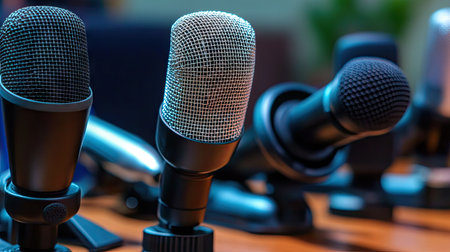 Different types of microphones with foam covers and pop filters, arranged neatly on a conference table.の素材