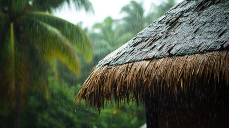 Rain cascading off the edges of a thatched roof, adding to the cozy, rainy day mood.の素材