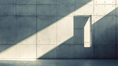 Architectural lines and window frames casting sharp sunlight shadows on a clean concrete wall exteriorの素材
