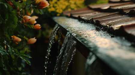 Water streaming from a rooftop gutter, forming a small waterfall effect.の素材