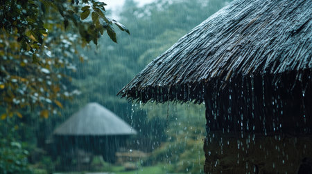 Rain cascading off the edges of a thatched roof, adding to the cozy, rainy day mood.の素材