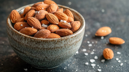 Roasted organic almonds in a small ceramic bowl with a light sprinkle of sea salt, captured in a minimalist setting.の素材