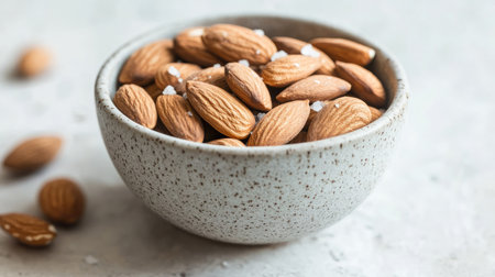 Roasted organic almonds in a small ceramic bowl with a light sprinkle of sea salt, captured in a minimalist setting.の素材