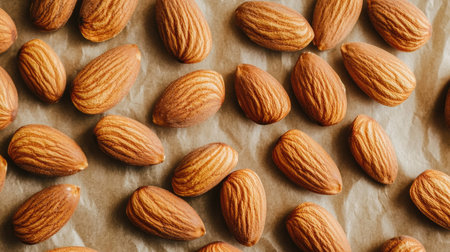 Roasted organic almonds spread out on a parchment paper, showing their crunchy texture and rich color.の素材