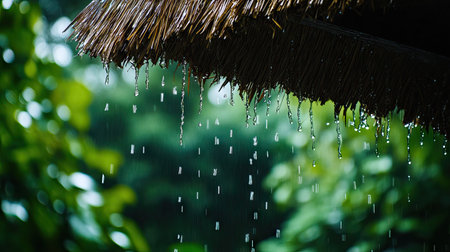 Rain cascading off the edges of a thatched roof, adding to the cozy, rainy day mood.の素材