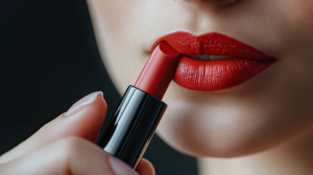 Close-up of a woman's hand holding a lipstick tube, applying the perfect shade to her lips.の素材