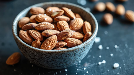 Roasted organic almonds in a small ceramic bowl with a light sprinkle of sea salt, captured in a minimalist setting.の素材