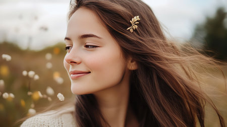A young woman with long, flowing hair, wearing a delicate gold hair clip in her hair, smiling softly.の素材