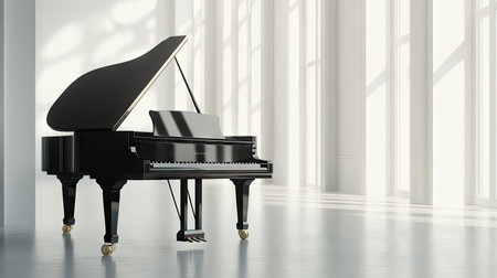A luxurious black concert grand piano, positioned in an empty space, emphasizing its timeless elegance.の素材