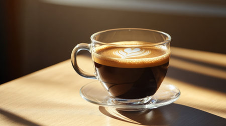 Elegant coffee served in a clear glass cup placed on a studio table with soft highlights and controlled shadowsの素材