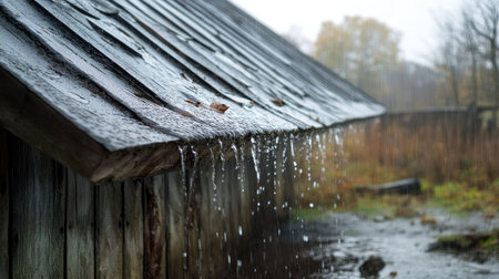 Rainwater trickling from an old barn roof, adding to the rustic atmosphere.の素材