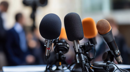 Professional microphones on a press conference table with a blurred newsroom background.の素材
