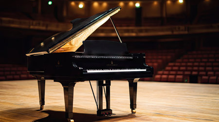 A professional concert black piano, positioned on an empty stage, ready for an upcoming performance.の素材