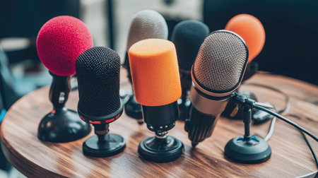 Different microphones positioned on a round table, representing various broadcasting and recording styles.の素材