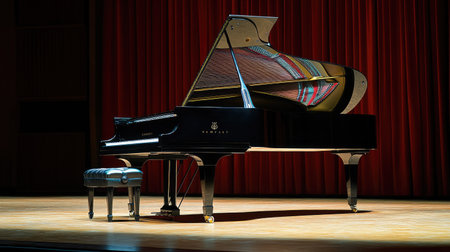 A professional concert black piano, positioned on an empty stage, ready for an upcoming performance.の素材