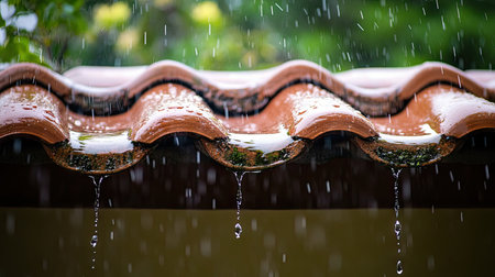Water droplets dripping from a traditional clay tile roof during a summer rain shower.の素材