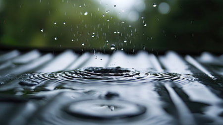 Droplets of water falling from a metal shed roof, creating ripples in puddles below.の素材