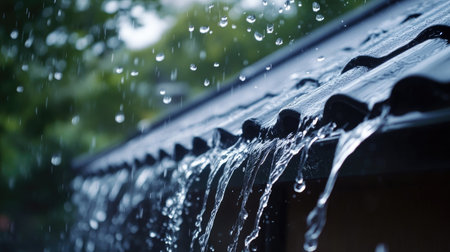 Rainwater flowing from the edge of a house roof, captured in slow motion.の素材