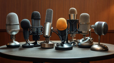 Different microphones positioned on a round table, representing various broadcasting and recording styles.の素材