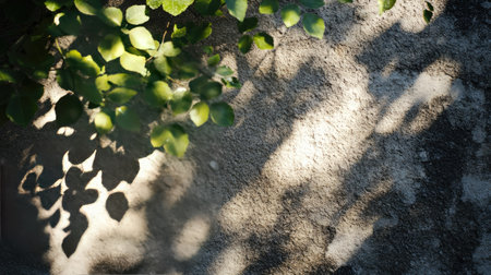 Afternoon sun filtering through leaves, forming delicate light and shadow textures on a rough concrete wall surfaceの素材