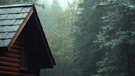 Raindrops trickling from the rooftop of a wooden cabin, set against a misty forest.の素材