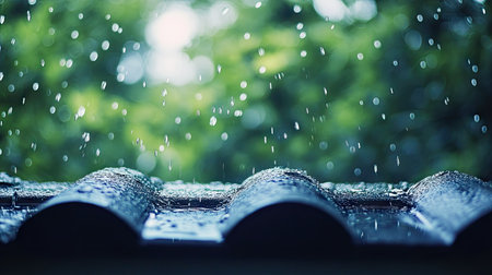 Raindrops bouncing off the edge of a rooftop, with a blurred background of trees.の素材