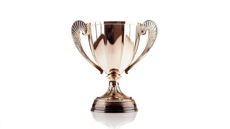 Classic championship trophy isolated on white with clear reflections, perfect for sports or corporate award conceptsの素材