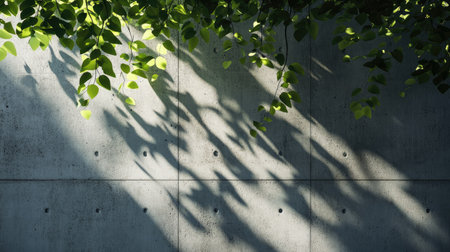 Clean urban concrete wall with sunlight shadows of leaves swaying gently in the afternoon breezeの素材