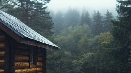 Raindrops trickling from the rooftop of a wooden cabin, set against a misty forest.の素材
