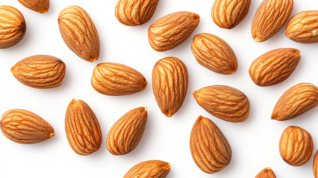 Roasted organic almonds scattered across a clean white background, showing off their crisp, golden-brown appearance.の素材