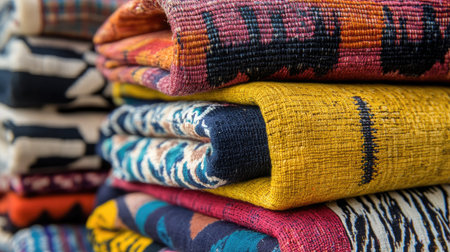 Close-up of stacked textiles in vivid colors and traditional geometric prints, emphasizing texture and patternの素材
