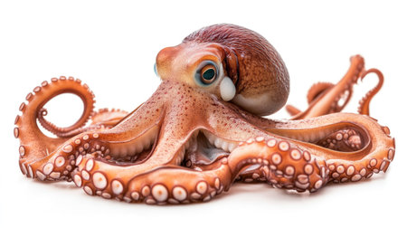 Fresh octopus body and limbs positioned naturally on a seamless white background, with visible texture and color contrastの素材