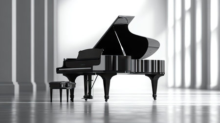 A luxurious black concert grand piano, positioned in an empty space, emphasizing its timeless elegance.の素材