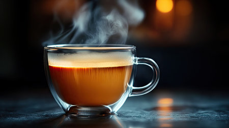 Close-up of a steaming glass cup of coffee in a studio with controlled lighting and dark backdrop for dramatic effectの素材