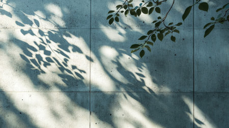 Clean urban concrete wall with sunlight shadows of leaves swaying gently in the afternoon breezeの素材