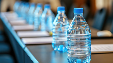 Close-up of plastic water bottles placed at each seat on a long table, prepared for a professional business seminar setupの素材