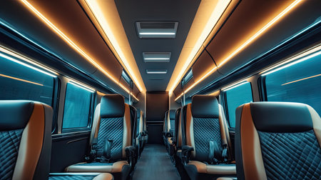 Empty modern coach interior featuring clean leather seats, overhead lighting, and spotless windowsの素材