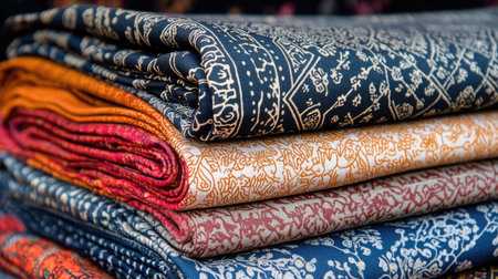 Assorted fabrics with intricate symmetrical designs layered in a stack, perfect for cultural, fashion, or craft themesの素材