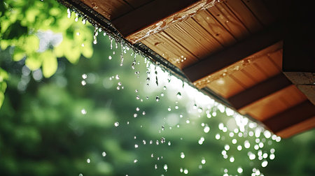 Raindrops cascading off the edge of a wooden roof, glistening in the soft light.の素材