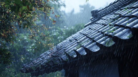 Heavy rain falling from a tiled roof, creating a soothing and dramatic scene.の素材