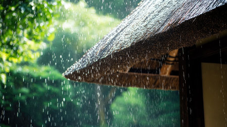 Rain cascading off the edges of a thatched roof, adding to the cozy, rainy day mood.の素材