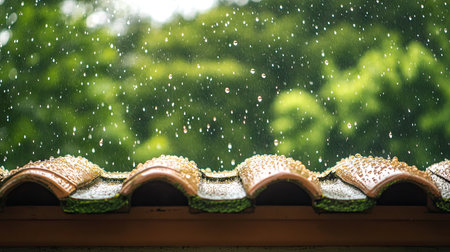 Raindrops bouncing off the edge of a rooftop, with a blurred background of trees.の素材