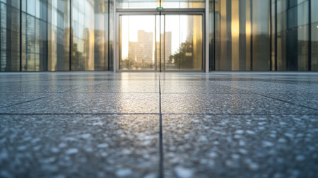 Close-up view of textured concrete floor surface in front of a glass building entrance, bathed in natural lightの素材