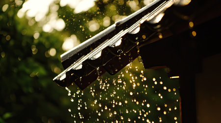 Raindrops cascading off the edge of a wooden roof, glistening in the soft light.の素材