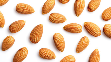 Roasted organic almonds scattered across a clean white background, showing off their crisp, golden-brown appearance.の素材
