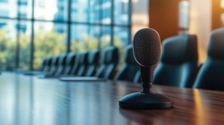 Conference microphone positioned in front of a chair on a large wooden meeting table, with blurred background of office windowsの素材