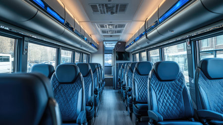 Clean and quiet interior of a new tour bus with spacious, cushioned seats and air conditioning vents visibleの素材