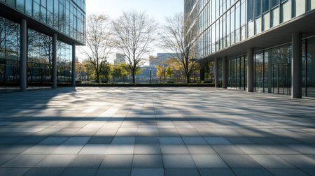 Empty concrete plaza outside a corporate building, with shadows from nearby structures creating interesting patternsの素材