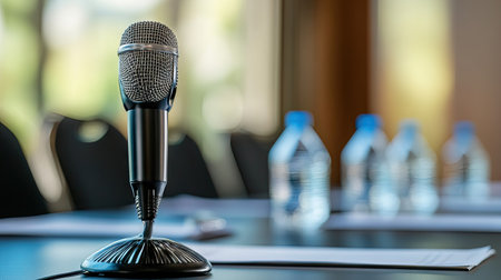 Detail of a tabletop microphone in a conference room setting, surrounded by note pads and water bottlesの素材