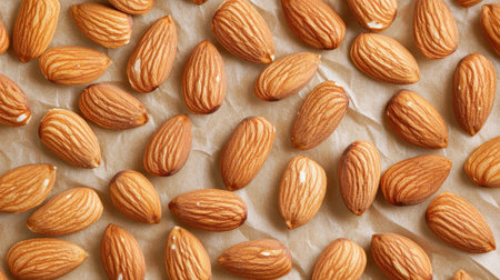 Roasted organic almonds spread out on a parchment paper, showing their crunchy texture and rich color.の素材